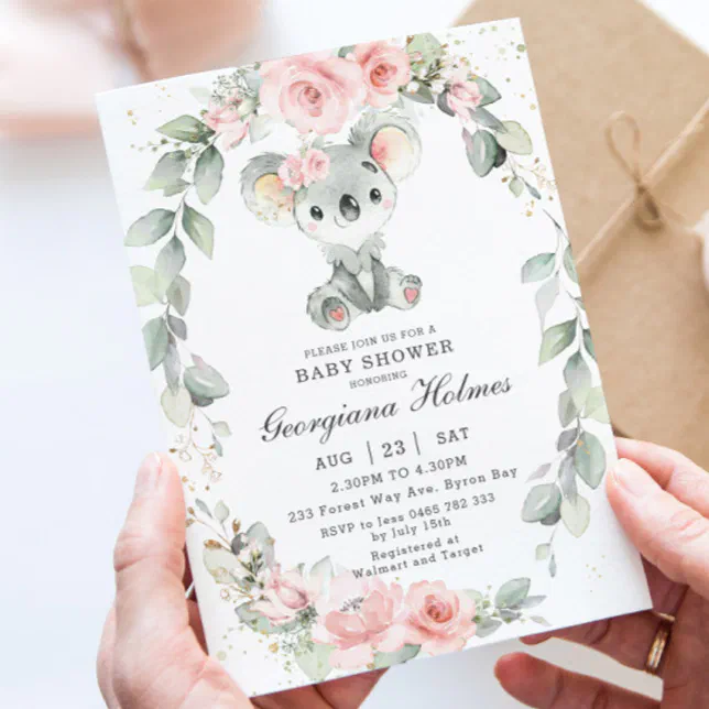 Cute Koala Pink Floral Sage Greenery Baby Shower Invitation | Zazzle
