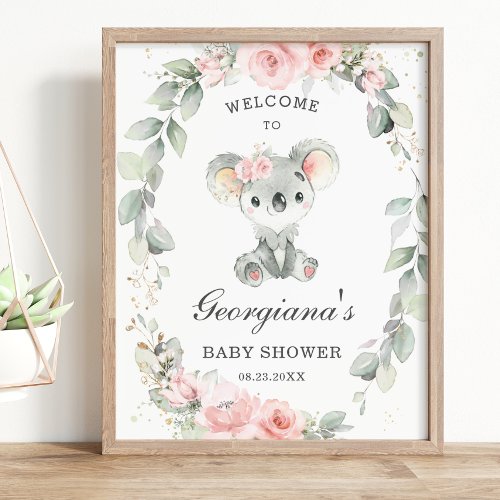Cute Koala Pink Floral Sage Greenery Baby Shower Poster