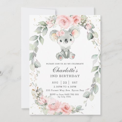 Cute Koala Pink Floral Sage Greenery Birthday Invitation