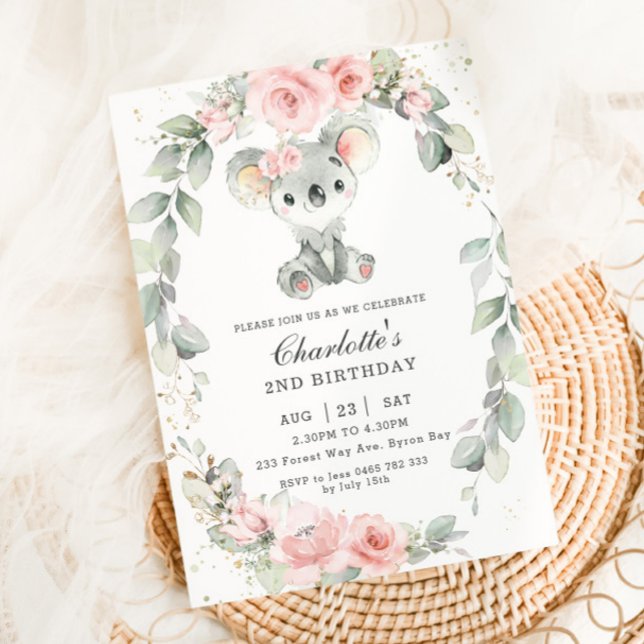 Cute Koala Pink Floral Sage Greenery Birthday Invitation (cute koala blush pink floral sage greenery wreath 1st first birthday invitation card download )