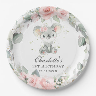 Cute Koala Pink Floral Sage Greenery Birthday Paper Plates