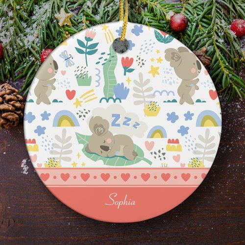 Cute Koala Pink Pattern with Girl Name Christmas Ceramic Ornament