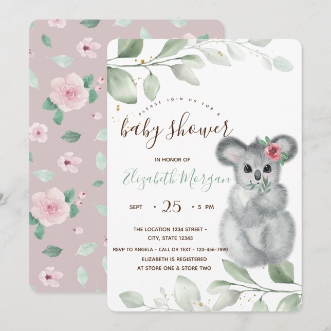 Cute Koala Roses Baby Shower Invitation (Front/Back)