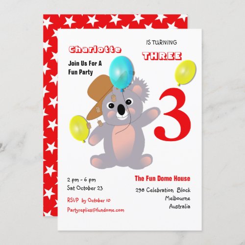 Cute Koala Teddy Bear Birthday Party Invite