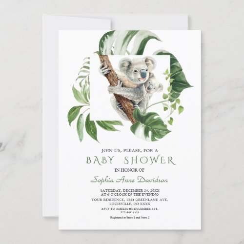 Cute Koala Tropical Greenery Baby Shower Invitation