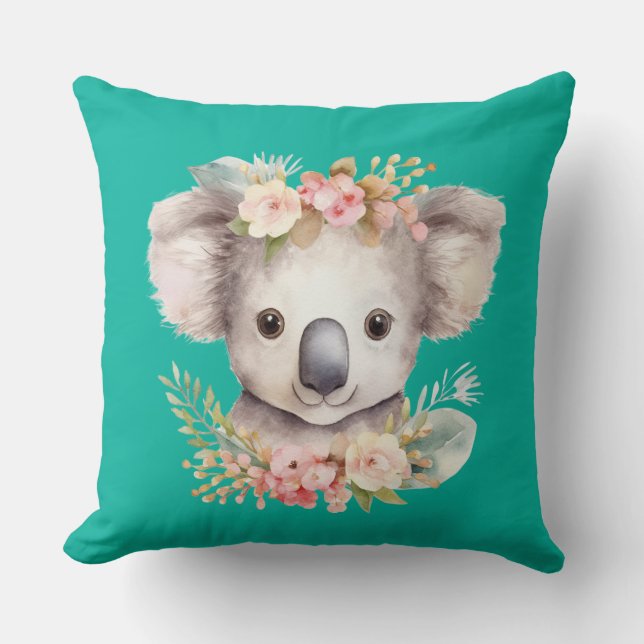 Cute Koala Turquoise Throw Pillow (Front)