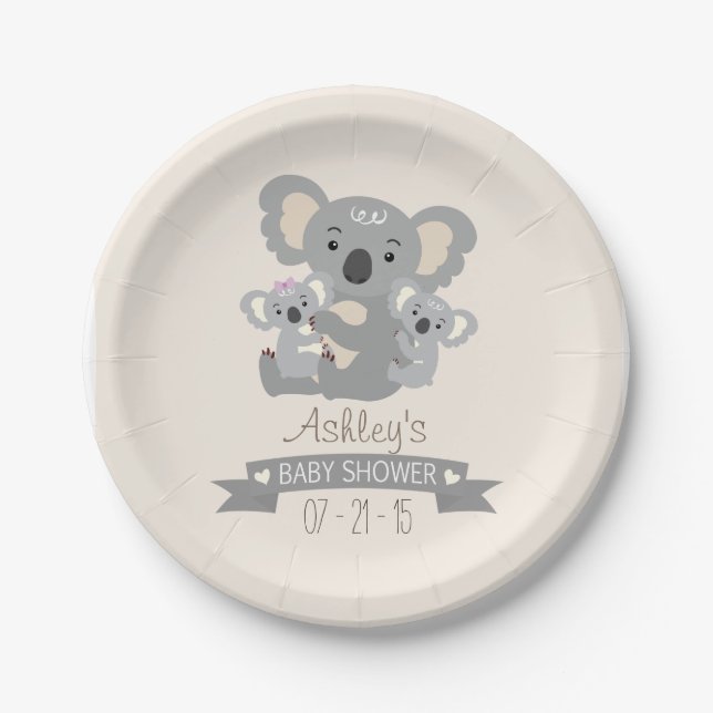 Cute Koala Twins Baby Shower Paper Plates (Front)