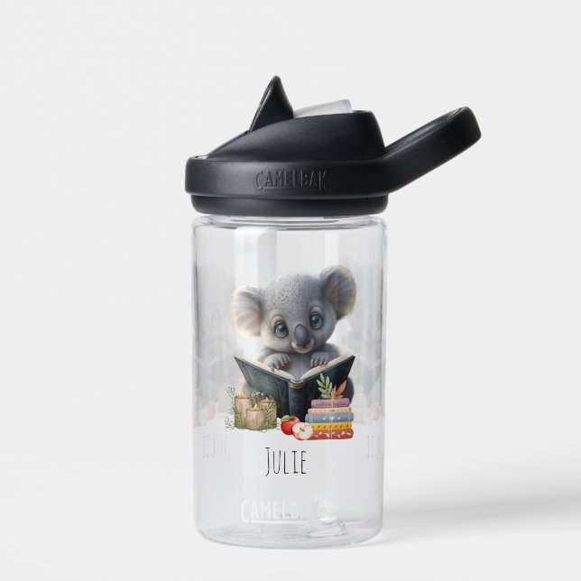 Cute Koala with Book Kids School Personalized Name Water Bottle (Left)
