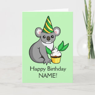 Cute Koala with Cake Drawing Happy Birthday Card
