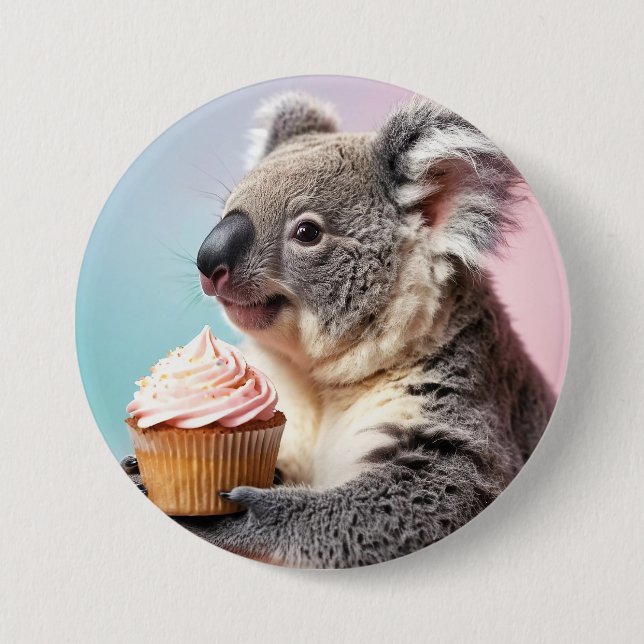 Cute Koala With Cupcake Pastel Gradient Button (Front)