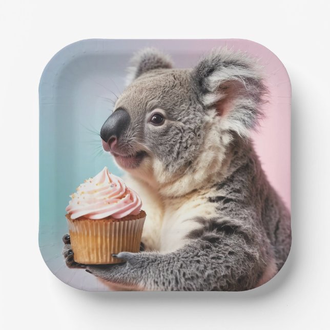 Cute Koala With Cupcake Pastel Gradient Paper Plates (Front)
