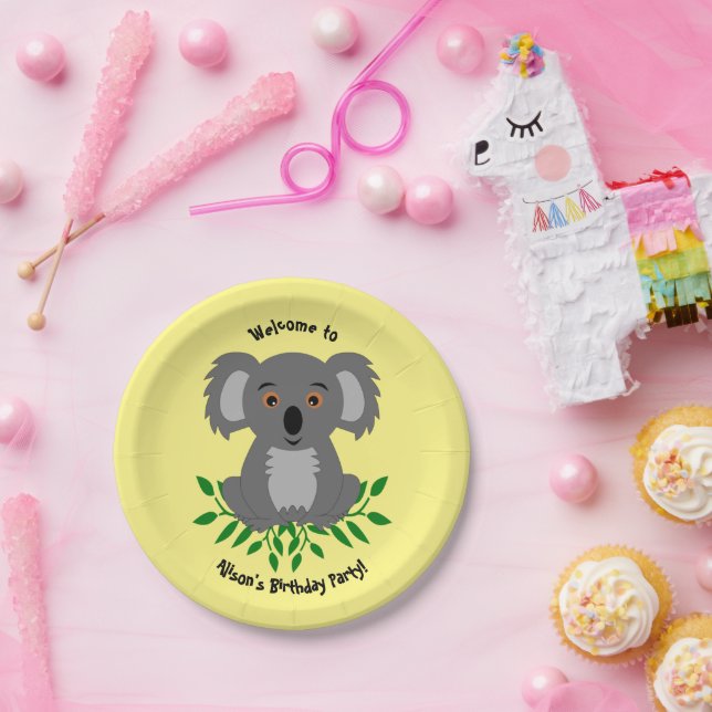 Cute koala with eucalyptus kids birthday  paper pl plates (Party)