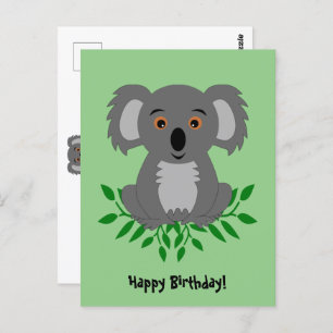 Cute koala with eucalyptus kids birthday postcard