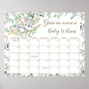 Cute Koalas Greenery Guess Baby's Due Date Game  Poster