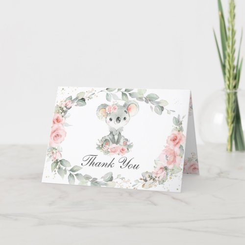 Cute Koalas Pink Floral Greenery Girl Baby Shower Thank You Card