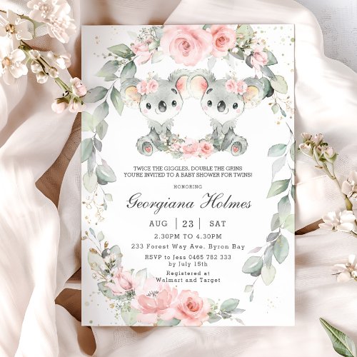 Cute Koalas Pink Floral Twin Girls Baby Shower Invitation