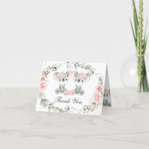 Cute Koalas Pink Floral Twin Girls Baby Shower Letterpress Thank You Card