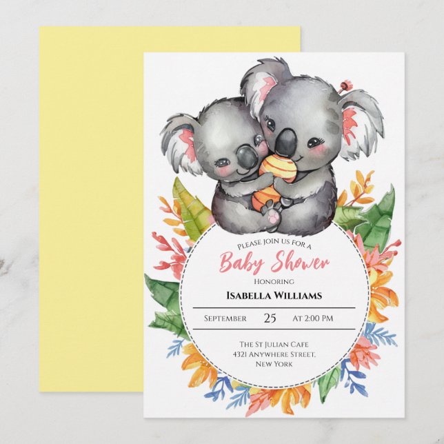 Cute Koalas Wildflower Baby Shower Invitation (Front/Back)