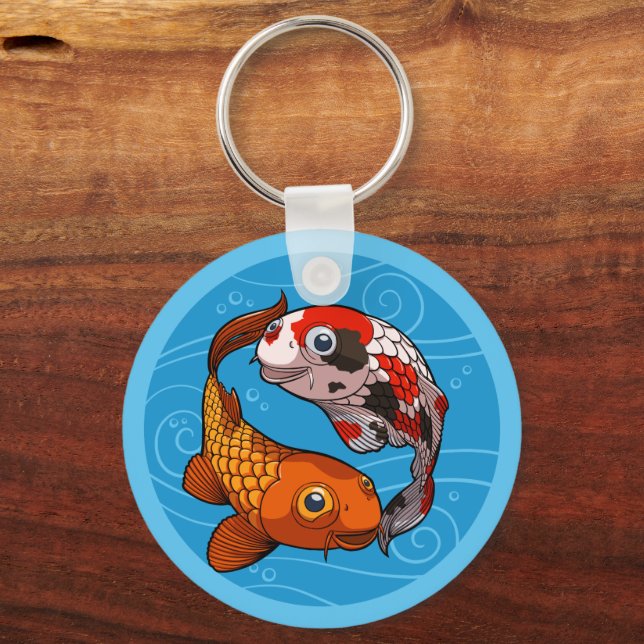 Cute Koi Carp Friends Swimming Yin Yang Cartoon Keychain (Front)