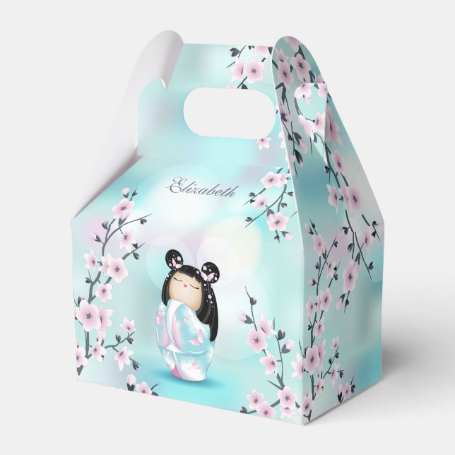 Cute Kokeshi Doll Cherry Blossoms Turquoise  Favor Boxes (Front Side)