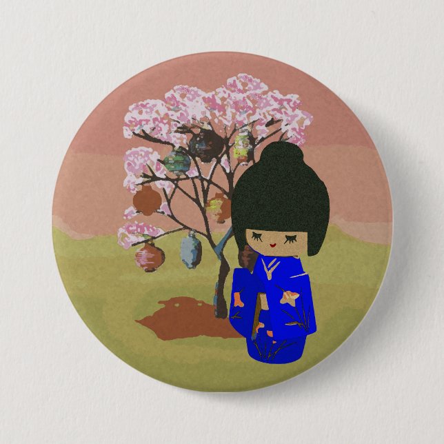 Cute kokeshi Doll with cherry blossom tree Button (Front)