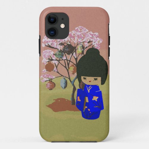 Cute kokeshi Doll with cherry blossom tree iPhone 11 Case