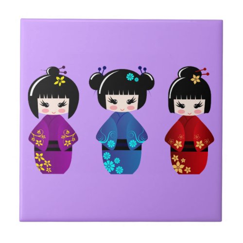 Cute kokeshi dolls cartoon ceramic tile