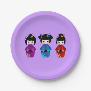 Cute kokeshi dolls cartoon girls paper plates