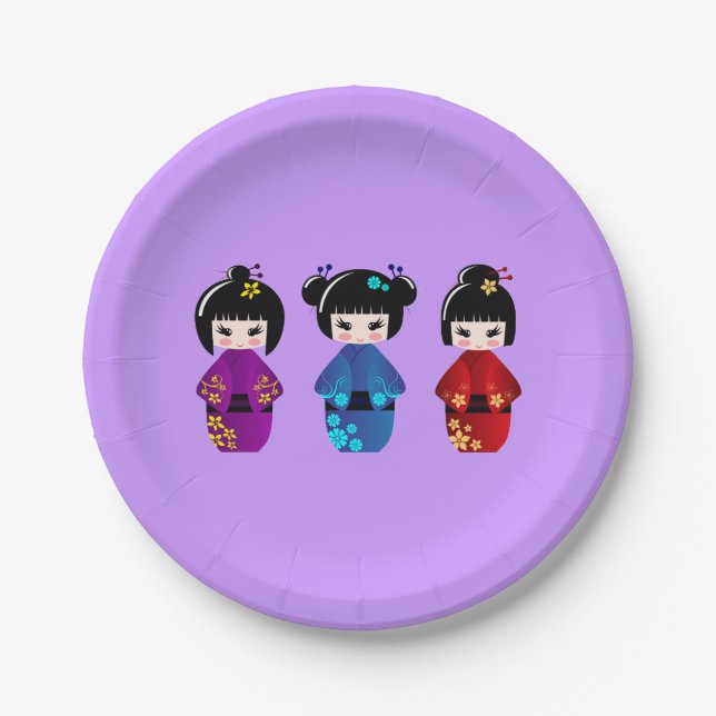 Cute kokeshi dolls cartoon girls paper plates (Front)