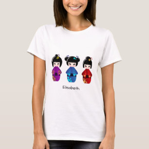 Cute kokeshi dolls cartoon name shirt for woman