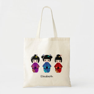 Cute kokeshi dolls cartoon name tote bag