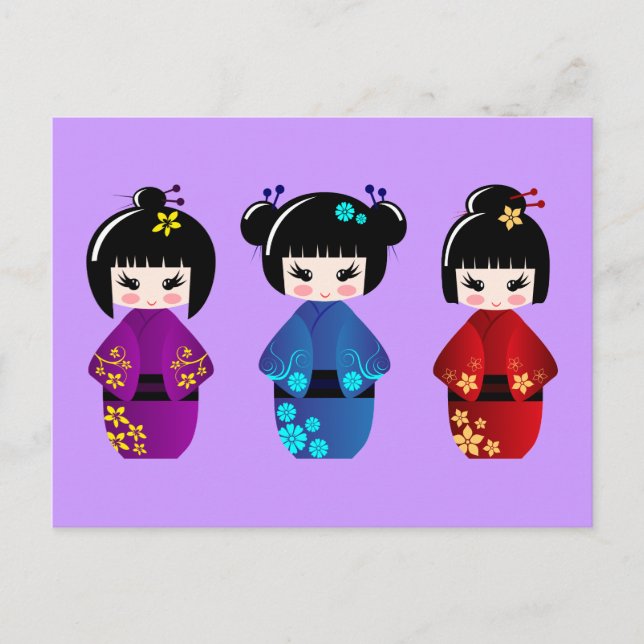 Cute kokeshi dolls cartoon postcard (Front)