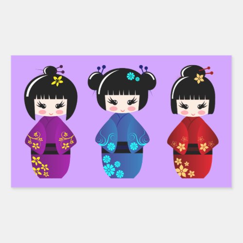 Cute kokeshi dolls cartoon rectangular sticker