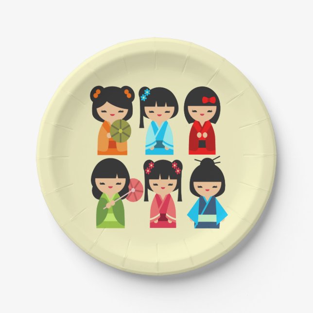 Cute Kokeshi Japanese dolls Paper Plates (Front)