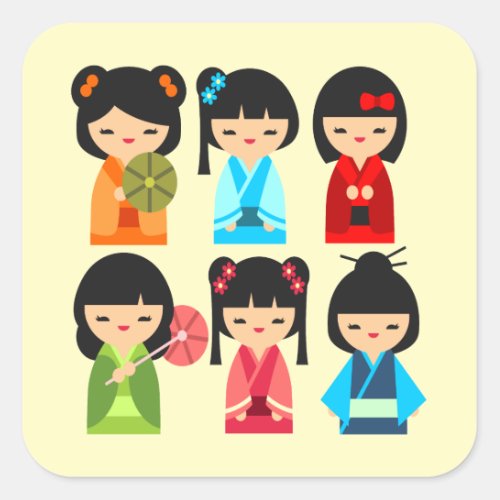 Cute Kokeshi Japanese dolls Square Sticker