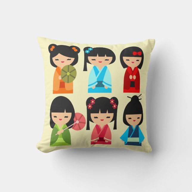 Cute Kokeshi Japanese dolls Throw Pillow (Front)