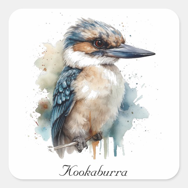 Cute Kookaburra on a Branch, custom Square Sticker (Front)