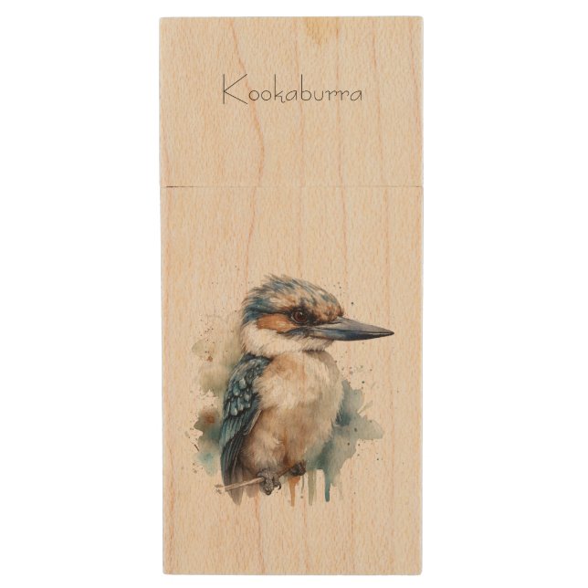 Cute Kookaburra on a Branch, custom Wood Flash Drive (Front Vertical)