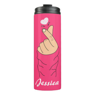 Cute Korean Finger Heart Sign Love Pink White Thermal Tumbler