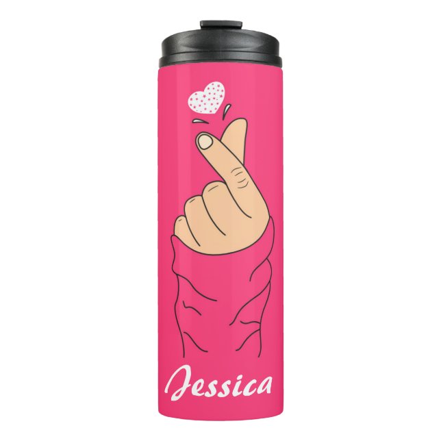 Cute Korean Finger Heart Sign Love Pink White Thermal Tumbler (Front)