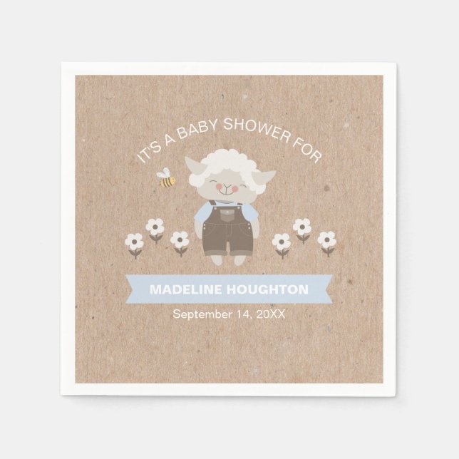 Cute Kraft Blue Lamb Boy Baby Shower Napkin (Front)