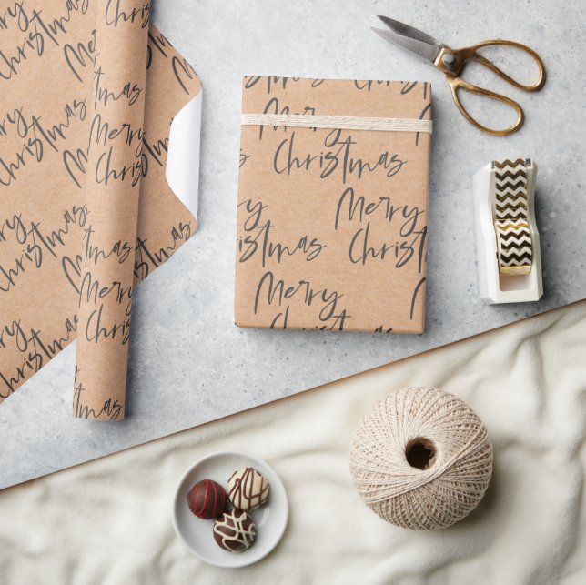 Cute Kraft Paper Black Script Font Merry Christmas, Zazzle