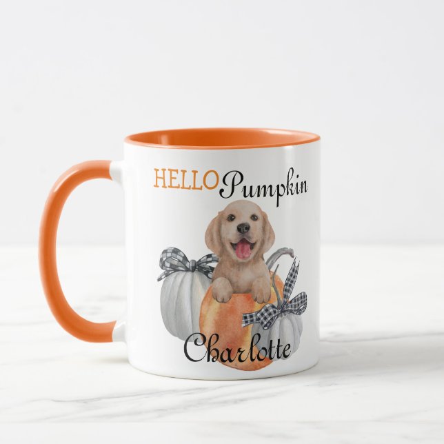 Cute Lab Puppy Dog Gray Orange Plaid Hello Pumpkin Mug (Left)
