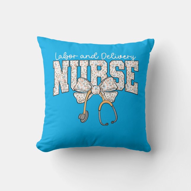 Cute Labor and Delivery Nurse Stethoscope Coquette Throw Pillow (Front)