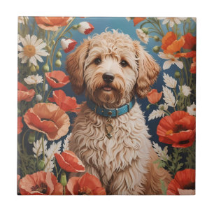 Cute Labradoodle Daisy And Poppy Flower Ceramic Tile