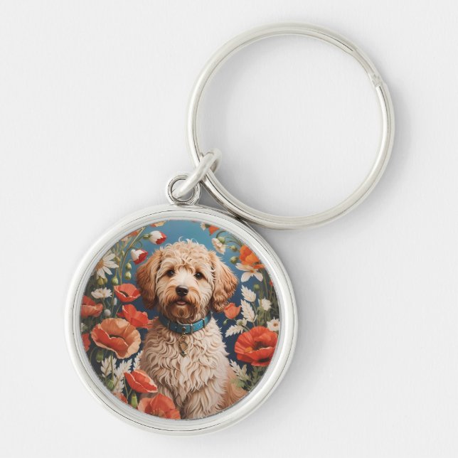 Cute Labradoodle Daisy And Poppy Flower Keychain (Front)