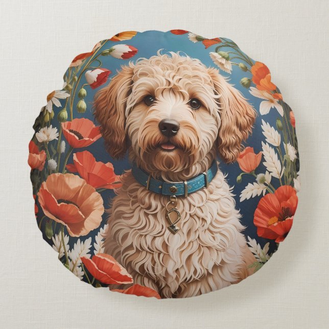 Cute Labradoodle Daisy And Poppy Flower Round Pillow (Front)