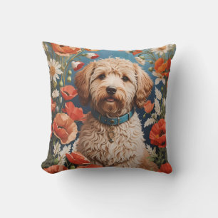 Cute Labradoodle Daisy And Poppy Flower Throw Pillow