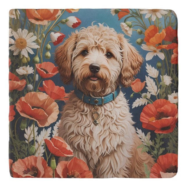 Cute Labradoodle Daisy And Poppy Flower Trivet (Front)