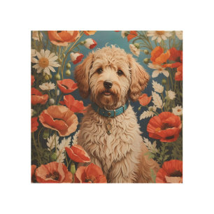 Cute Labradoodle Daisy And Poppy Flower Wood Wall Art